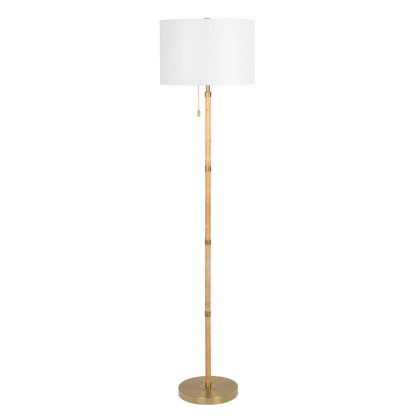 Natural Wood and Rattan Floor Lamp with White Linen Shade, 100W Type A, On/Off Chain, Gold Brass Finish