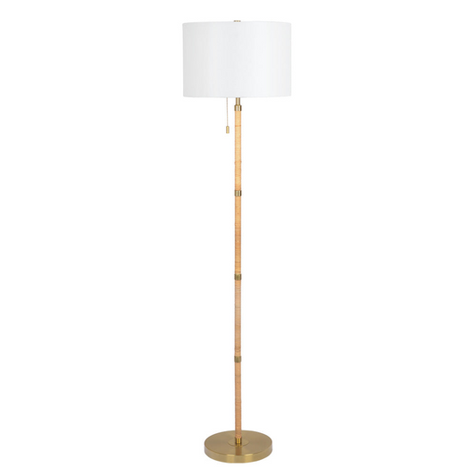 Natural Wood and Rattan Floor Lamp with White Linen Shade, 100W Type A, On/Off Chain, Gold Brass Finish