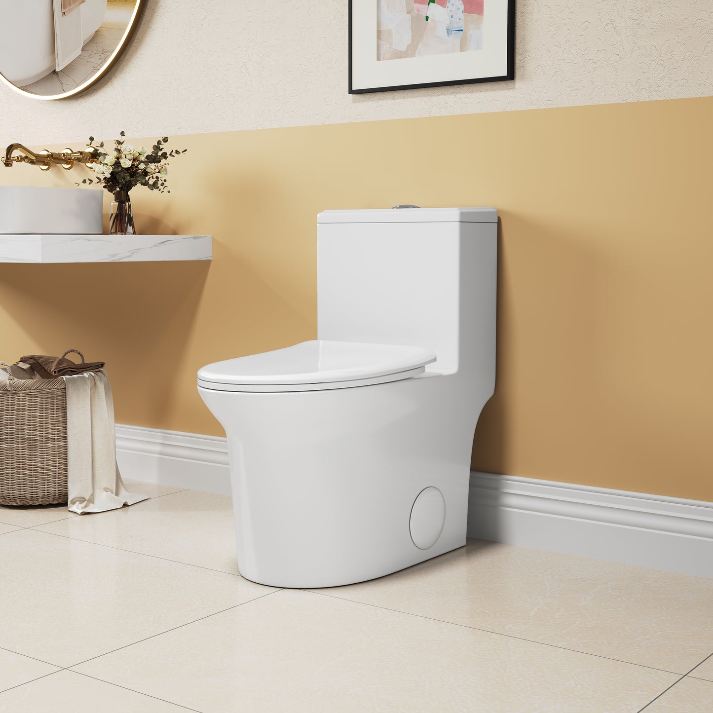 Elongated Comfort Height One-Piece Toilet with Quiet Dual-Flush System, CUPC & WaterSense Certified, White Ceramic, Soft Close Seat
