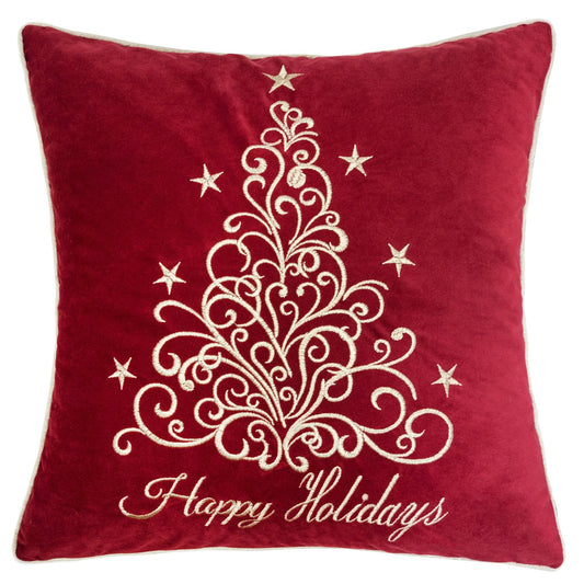 Velvet Christmas Throw Pillow 20x20, Gold Embroidered Happy Holidays Script Plush Insert Sofa Accent Red