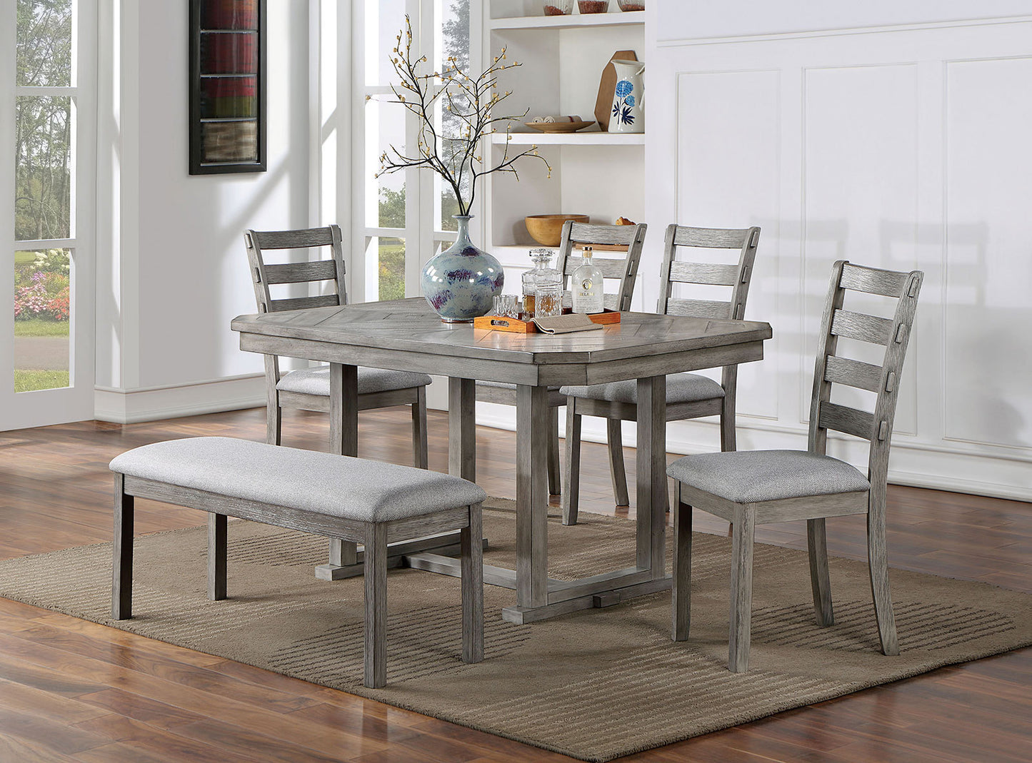 Dining Table Four Chairs And Bench Six Piece Set Grey Finish