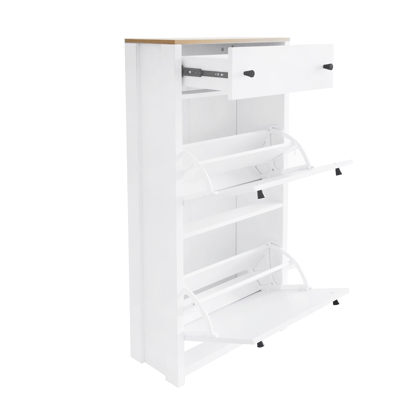 Contemporary White Shoe Cabinet with Wood Grain Top, Adjustable Drawer Organizer and 2 Flip Storage Sections for Entryway