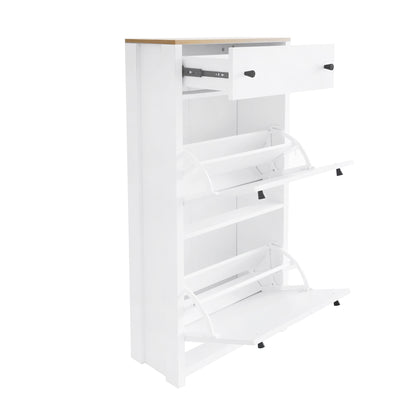 Contemporary White Shoe Cabinet with Wood Grain Top, Adjustable Drawer Organizer and 2 Flip Storage Sections for Entryway