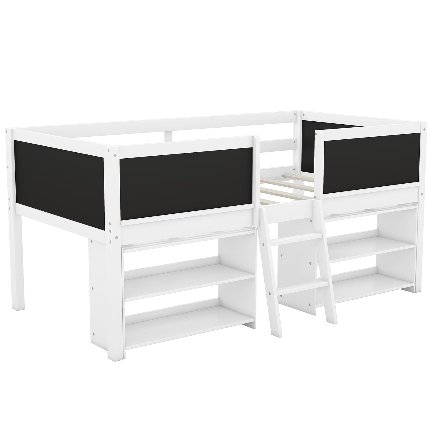 Twin Size Creative Low Loft Bed with Movable Storage Shelves and Chalkboard Guardrail, White