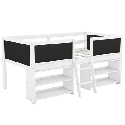 Twin Size Creative Low Loft Bed with Movable Storage Shelves and Chalkboard Guardrail, White