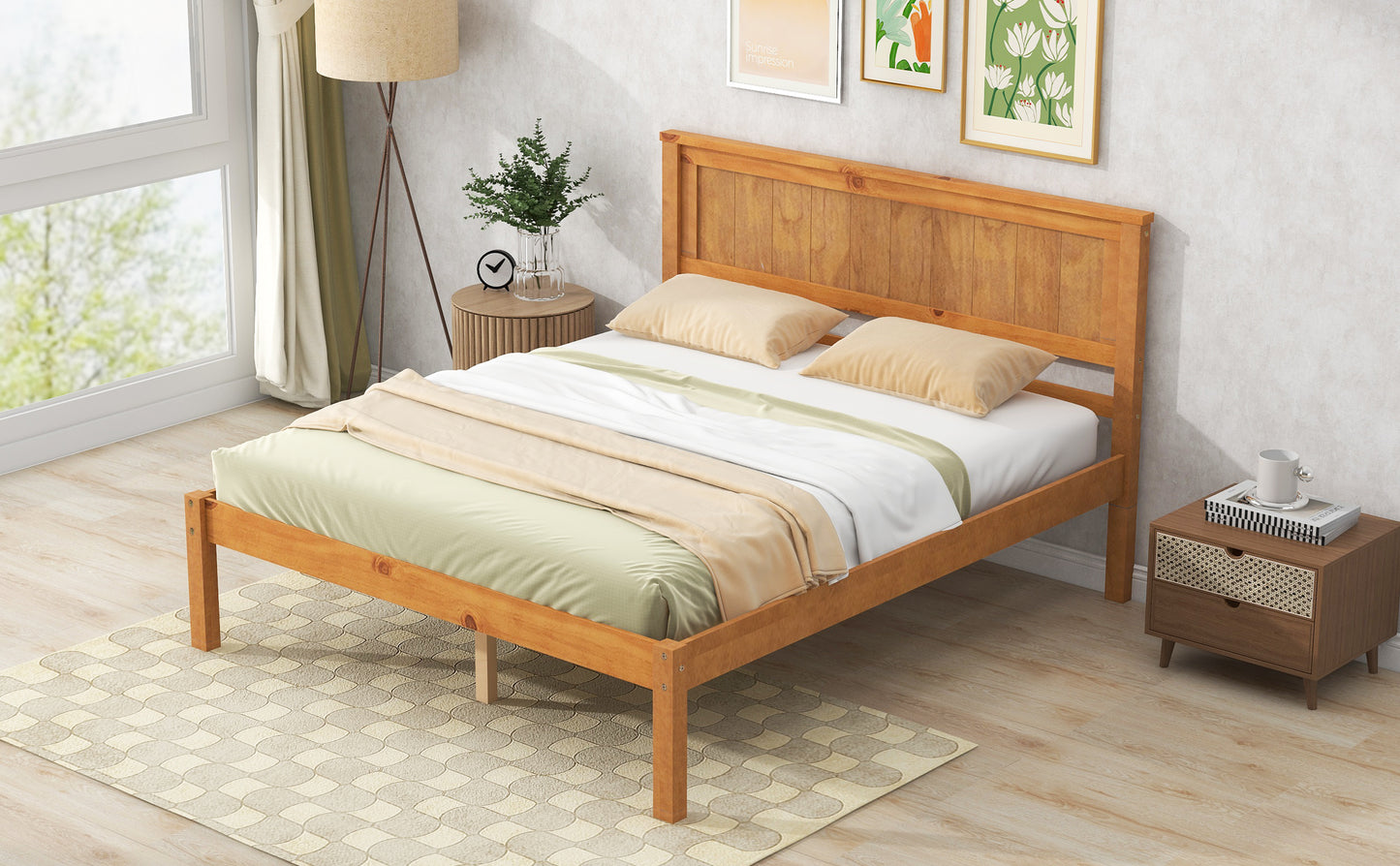 Oak Full Platform Bed Frame with Headboard - No Box Spring Required, Wood Slat Support