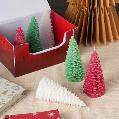 Six-Piece Soy Wax Christmas Tree Candle Set for Mantel or Table, Festive Box, 8in L x 5.5in W x 5.5in H, Green Red White