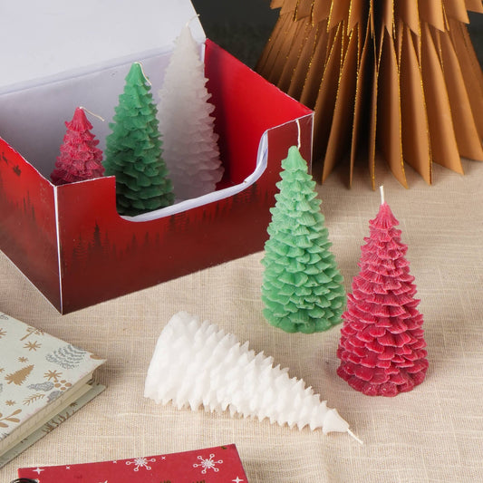 Six-Piece Soy Wax Christmas Tree Candle Set for Mantel or Table, Festive Box, 8in L x 5.5in W x 5.5in H, Green Red White