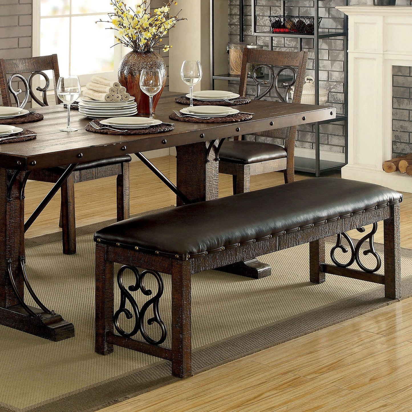 56-Inch Dining Room Bench with Leatherette Seat, Rubberwood and Metal Details, Rustic Style Walnut Finish