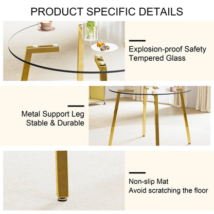 Modern minimalist style circular transparent tempered glass table, tempered glass tabletop, golden metal legs, suitable for kitchen, dining room, and living room, 42 "* 42" * 29.5 "1123r