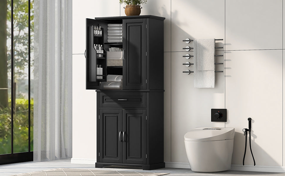 Tall Black Bathroom Storage Cabinet with Adjustable Shelf, Doors, and Drawer for Versatile Organization