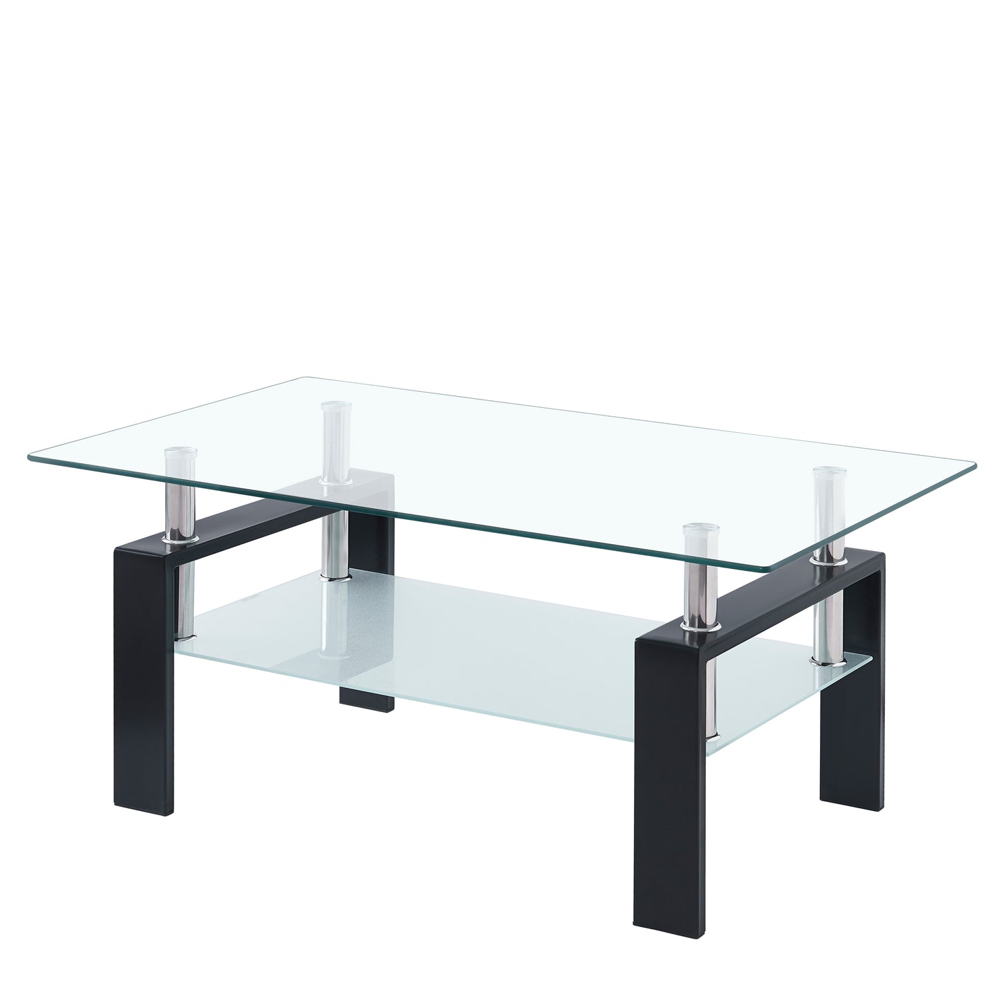 Tempered Glass Coffee Table, 2-Tier Living Room Table with Waterfall Edges, 39 x 23 in, Transparent