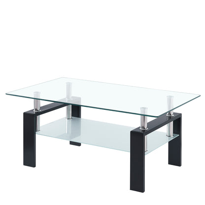 Tempered Glass Coffee Table, 2-Tier Living Room Table with Waterfall Edges, 39 x 23 in, Transparent