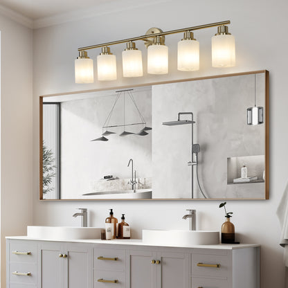 6-Light Vanity Light Bar for Bathrooms with Frosted Glass Shades, Contemporary Wall Mount, Golden