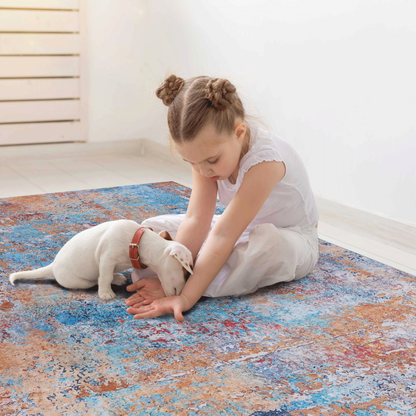 5x8 Area Rug, Machine-Washable, Low-Pile Chenille Polyester, Non-Slip Backing, Kid & Pet Friendly, Multi