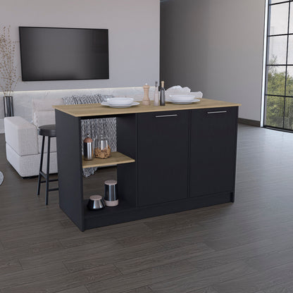 Spacious Black and Macadamia Kitchen Island with Open Shelves and Double Door Storage