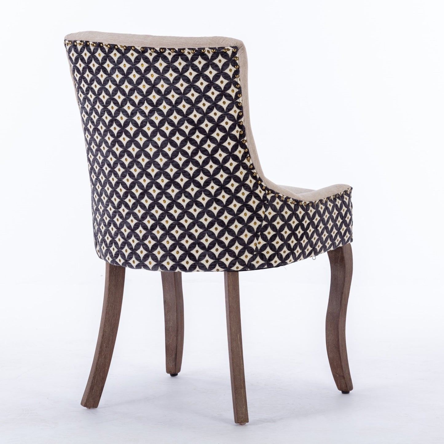 A&A Furniture, Ultra Side Dining Chair, Thickened fabric chairs with neutrally toned solid wood legs, Bronze nail head, Set of 2, Beige and Patterned,SW2207BG
