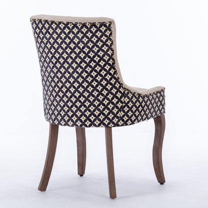 A&A Furniture, Ultra Side Dining Chair, Thickened fabric chairs with neutrally toned solid wood legs, Bronze nail head, Set of 2, Beige and Patterned,SW2207BG