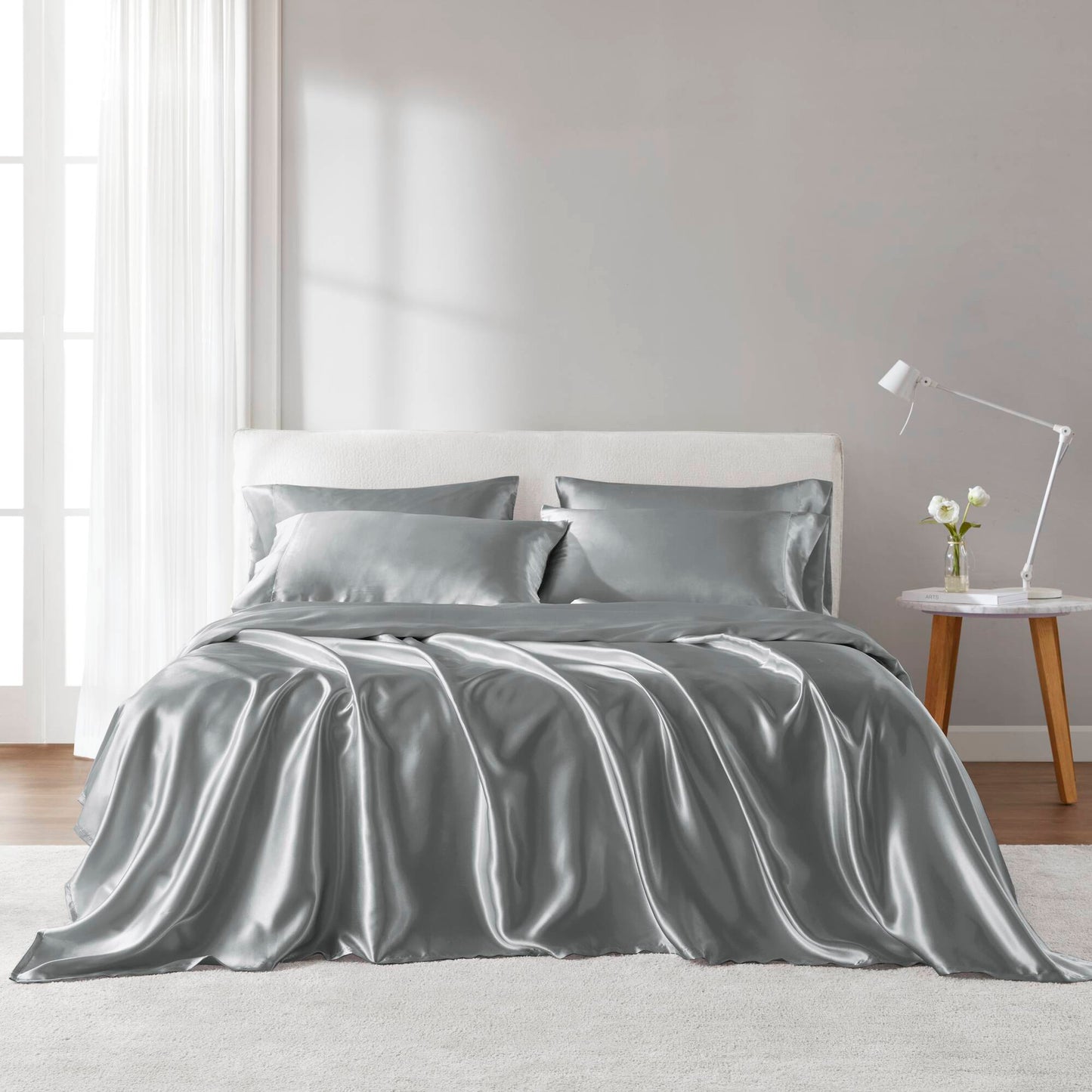 4-Piece Twin Satin Sheet Set with 2 Pillowcases, Fitted 14-Inch Deep, Flat 66x96, 100% Polyester, Grey