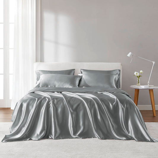 4-Piece Twin Satin Sheet Set with 2 Pillowcases, Fitted 14-Inch Deep, Flat 66x96, 100% Polyester, Grey