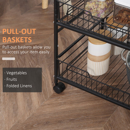 Walnut 3 Tier Rolling Kitchen Island Cart With Baskets