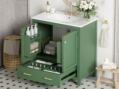 30" Elegant Green Bathroom Storage Vanity with Integrated Undermount Sink and Soft-Close Features