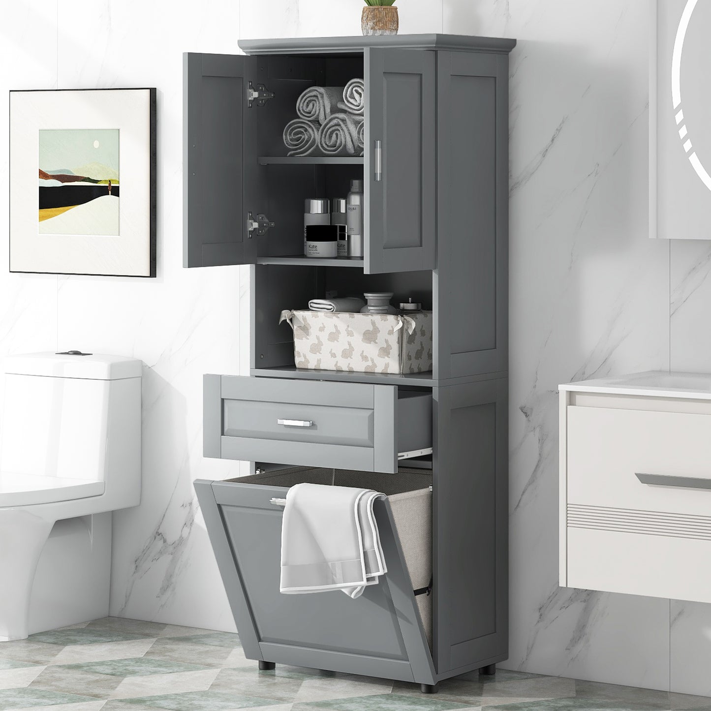 Tall Grey Storage Cabinet with Removable Laundry Hamper, Multi-Functional Upper Shelves and Cabinet Doors