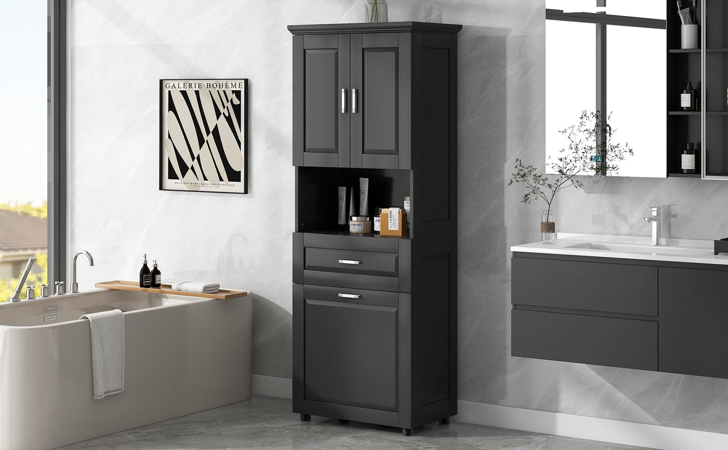 Stylish Tall Black Bathroom Storage Cabinet with Removable Laundry Basket and Ample Organizing Space