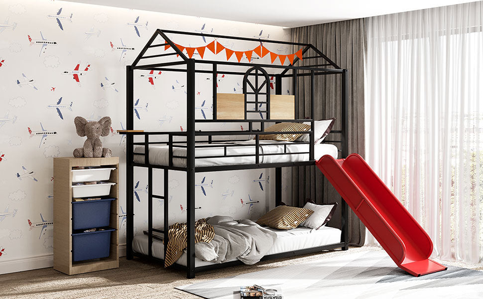 Twin Over Twin Metal Bunk Bed with Fun Slide – Available in Three Chic Colors (Black/Red, Black/Black, White/White)