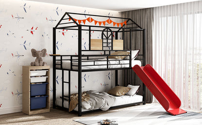 Twin Over Twin Metal Bunk Bed with Fun Slide – Available in Three Chic Colors (Black/Red, Black/Black, White/White)