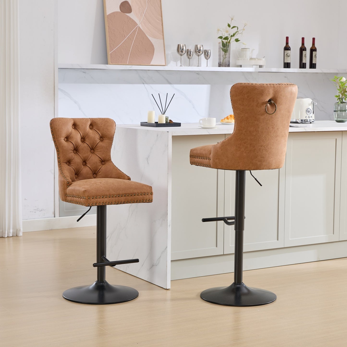Orange Aged Retro PU Swivel Bar Stools Tufted Back