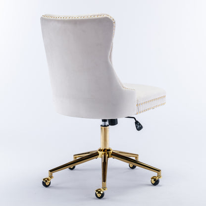 Velvet Tufted Button Office Chair with Golden Base - Adjustable Swivel Desk Chair in Beige