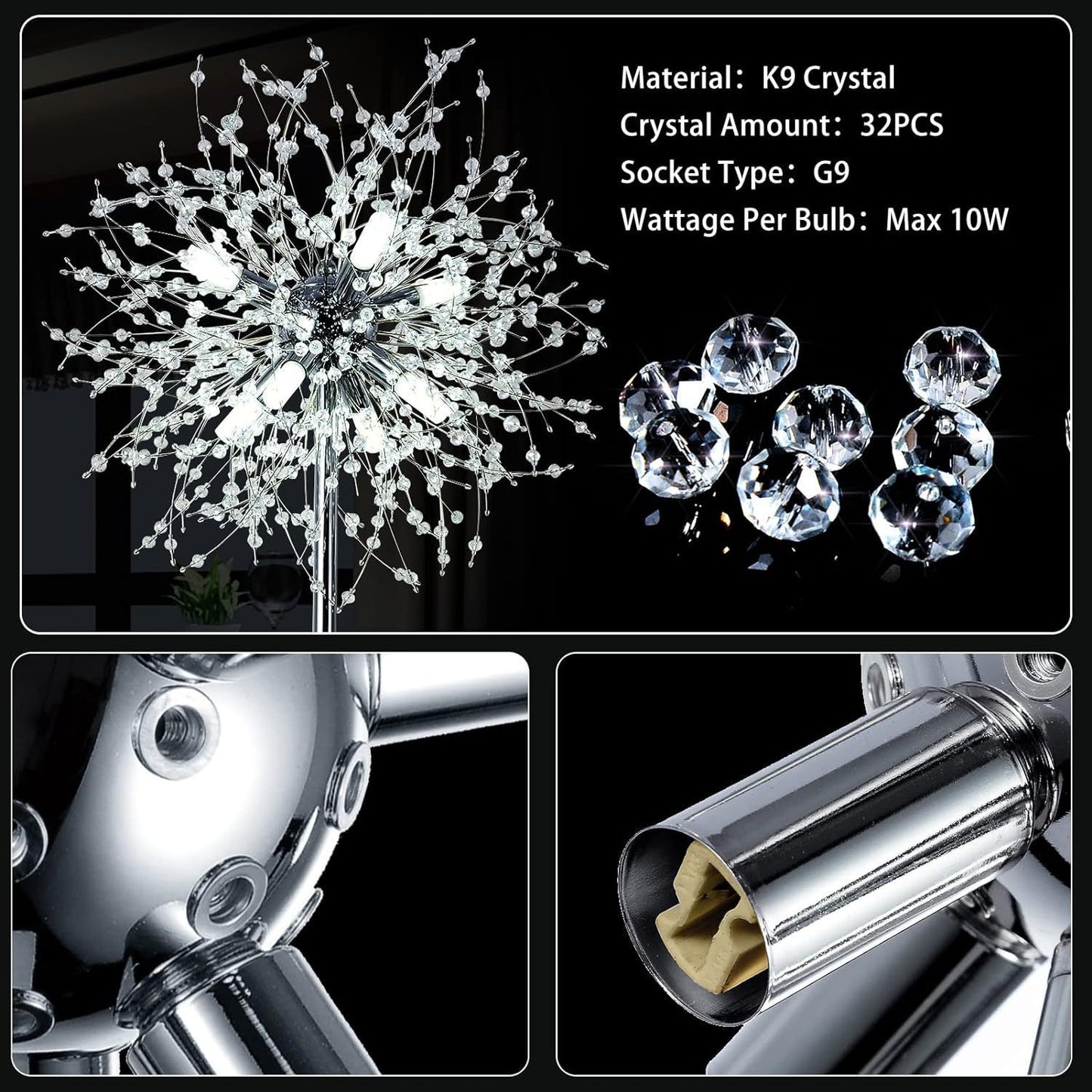 Crystal Floor Lamp, 69-Inch Tall, 8-Head Sputnik, 32 Firework Crystal Ornaments Included, Chrome Finish