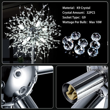 Crystal Floor Lamp, 69-Inch Tall, 8-Head Sputnik, 32 Firework Crystal Ornaments Included, Chrome Finish