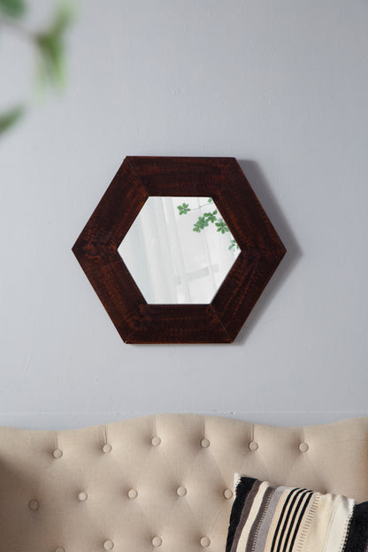 Hexagonal Teak Wood Framed Mirror - 18.5" Wall Decor for Living Room, Bathroom, or Hallway in Dark Brown