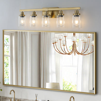 Five-Bulb Vanity Light with Clear Glass Shades Wall Fixture for Bathroom Bulbs Not Included Gold Finish