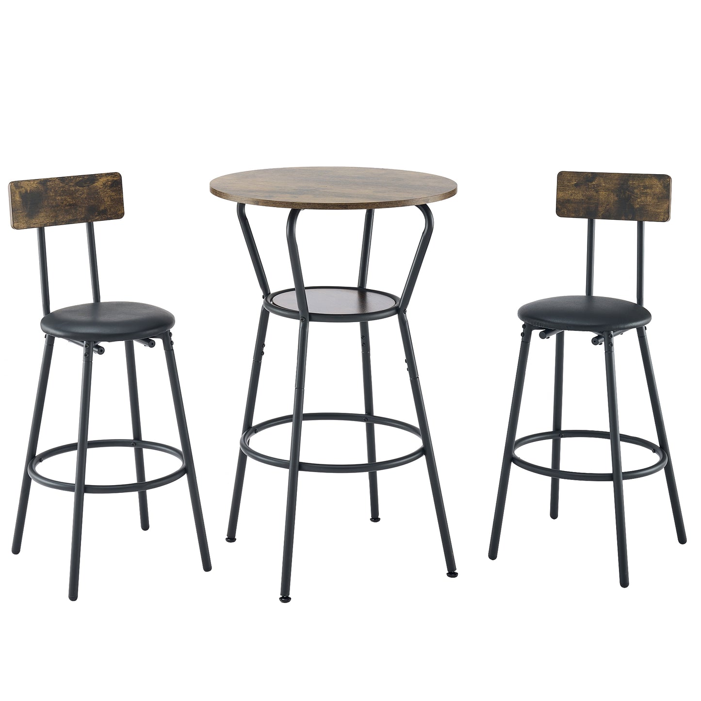 Round Bar Table & Stool Set with Shelf, Upholstered Backrest, Metal & Wood, 24-In Table, 36-In Height, Rustic Brown