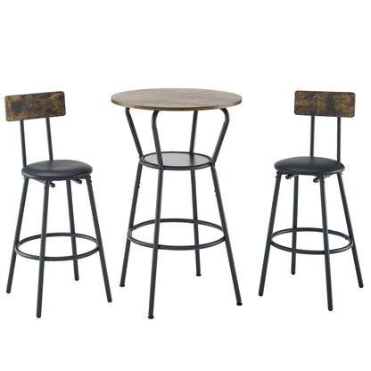 Round Bar Table & Stool Set with Shelf, Upholstered Backrest, Metal & Wood, 24-In Table, 36-In Height, Rustic Brown