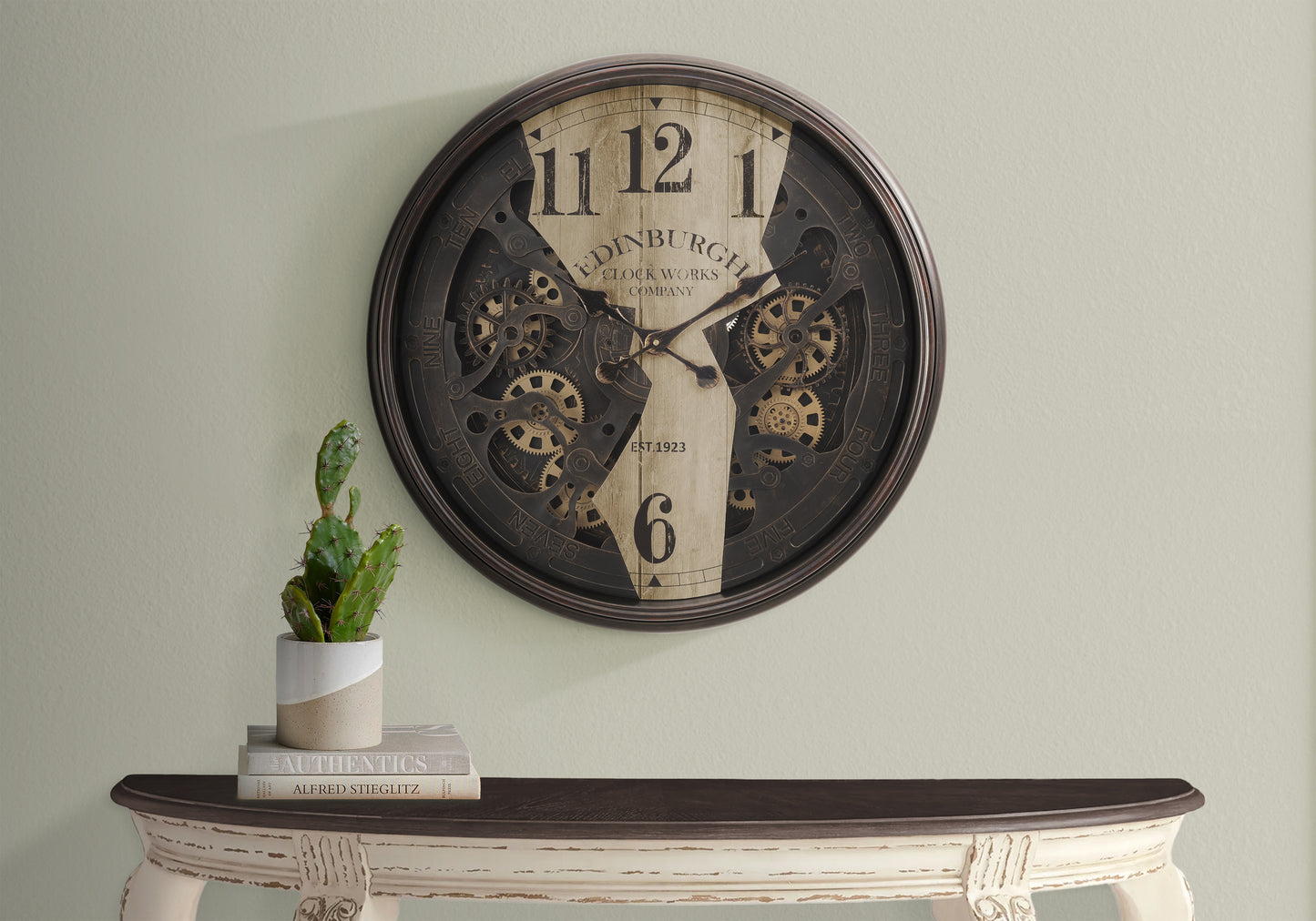 30-Inch Round Wall Clock with Gear Mechanism, Non-Ticking Quartz, Analog Dial, Glass Transitional Brown