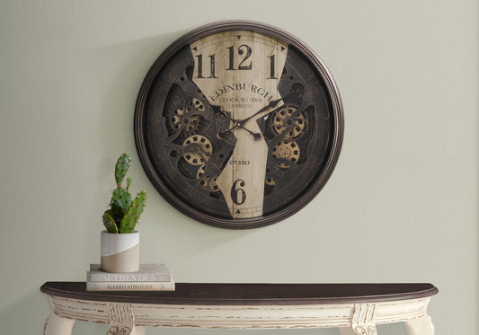 30-Inch Round Wall Clock with Gear Mechanism, Non-Ticking Quartz, Analog Dial, Glass Transitional Brown