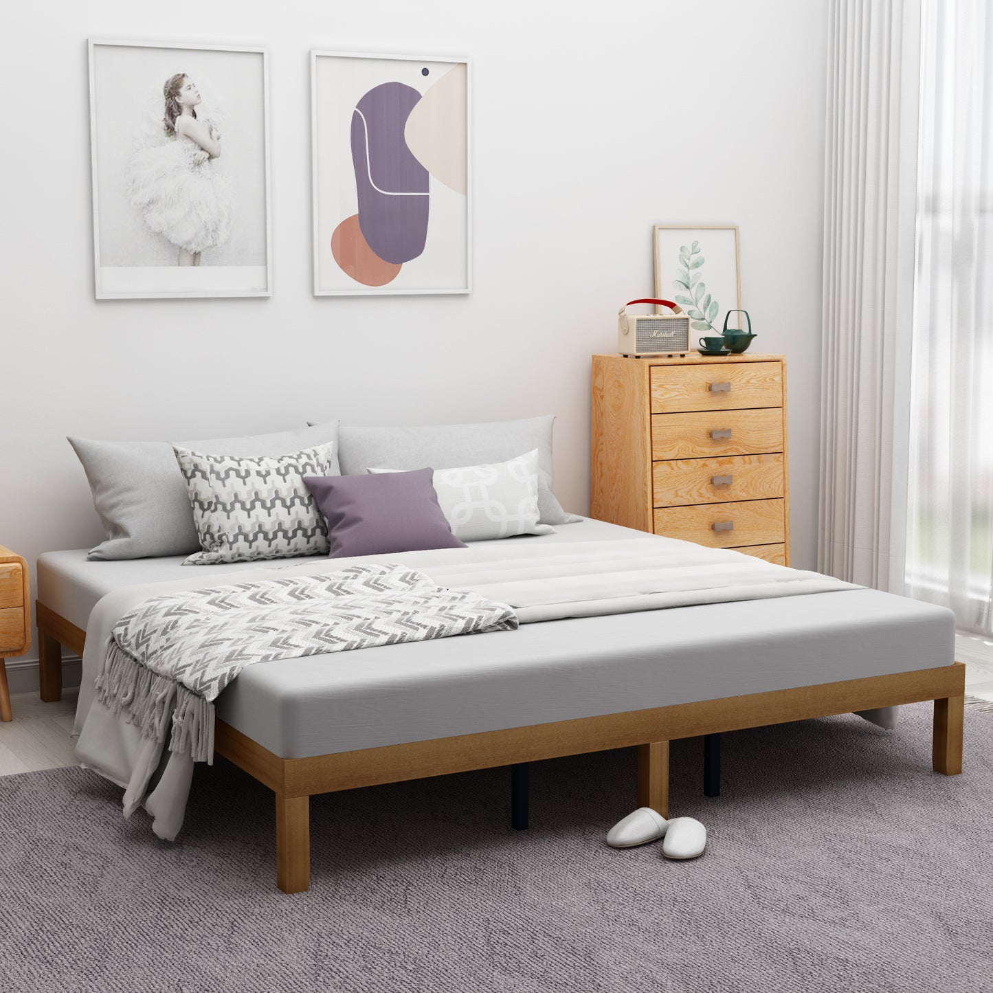 Elegant Queen Size Wooden Platform Bed Frame with Strong Slat Support - No Box Spring Required, Easy Assembly