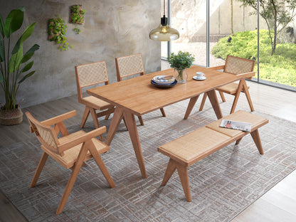 5-Piece Outdoor Dining Set with Rattan & Synthetic Wood Table & Chairs, No Bench Included, Natural Finish