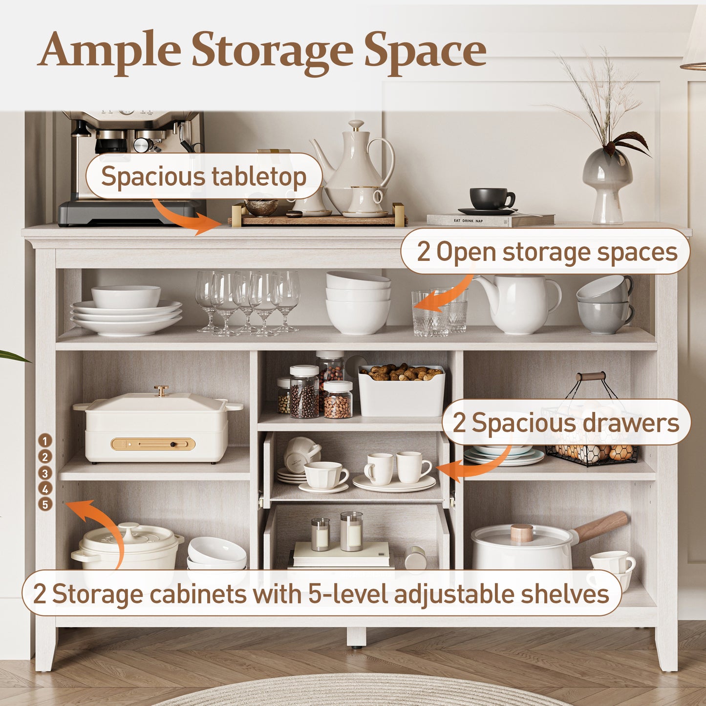 52.8" Rattan Sideboard, Boho Farmhouse Storage Cabinet with Adjustable Shelves, Accent Buffet Cabinet for Kitchen