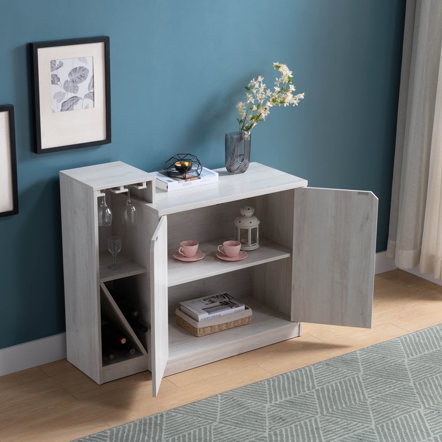 Modern White Oak Bar Cabinet With Wine Storage And Display