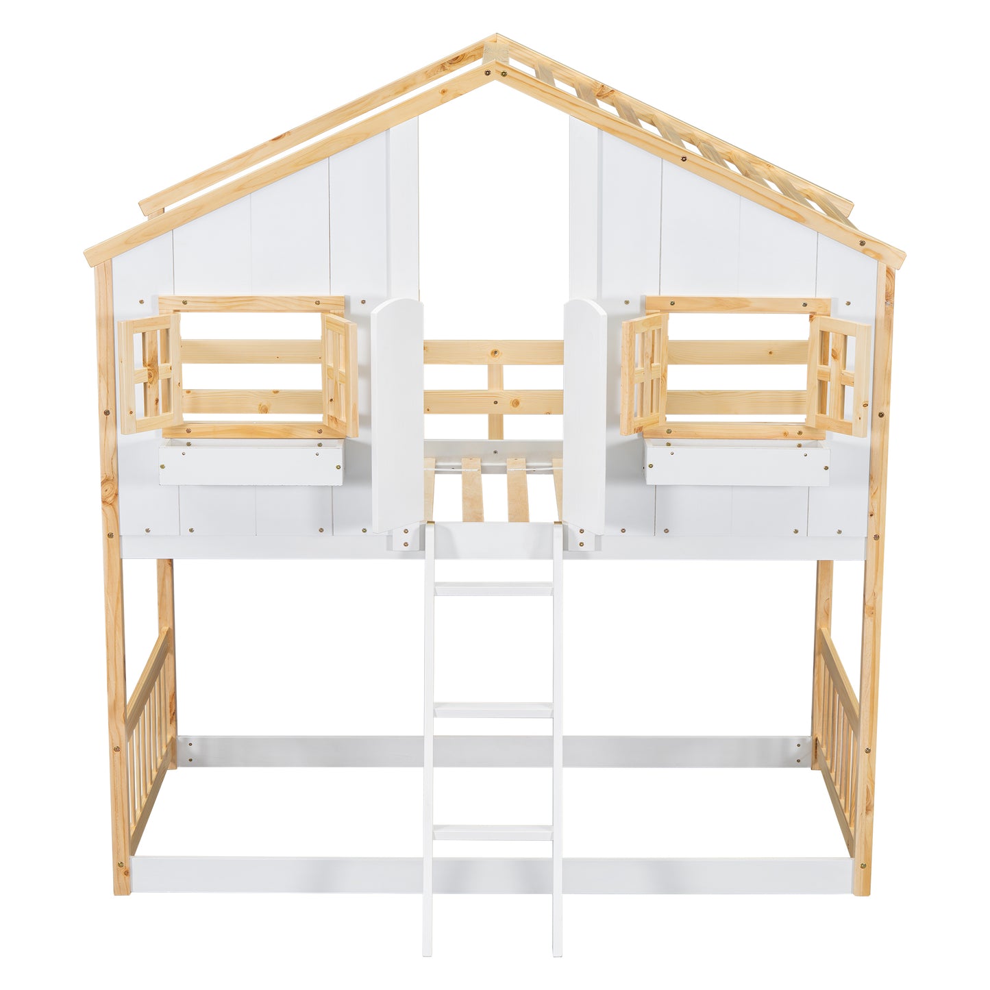 Twin House Bunk Bed for Kids with Roof, Windows, and Safety Features - Natural/White Finish