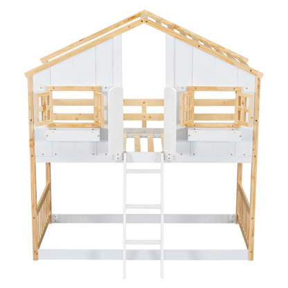 Twin House Bunk Bed for Kids with Roof, Windows, and Safety Features - Natural/White Finish