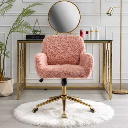 Elegant Pink Upholstered Office Chair with Golden Base - Adjustable Swivel Vanity Chair with Rabbit Fur Cushion