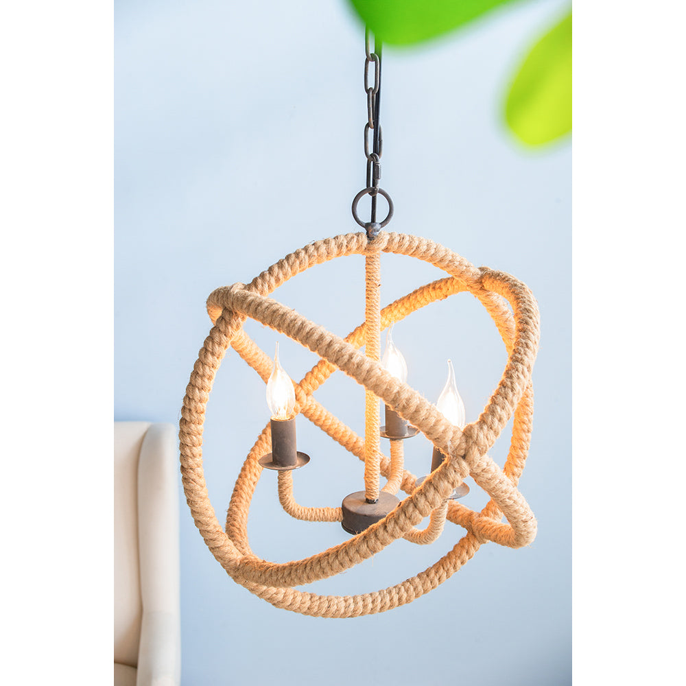 3-Light Farmhouse Rope Chandelier with Adjustable Chain for Kitchen, Dining, Entryway Globe Light Black