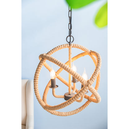 3-Light Farmhouse Rope Chandelier with Adjustable Chain for Kitchen, Dining, Entryway Globe Light Black