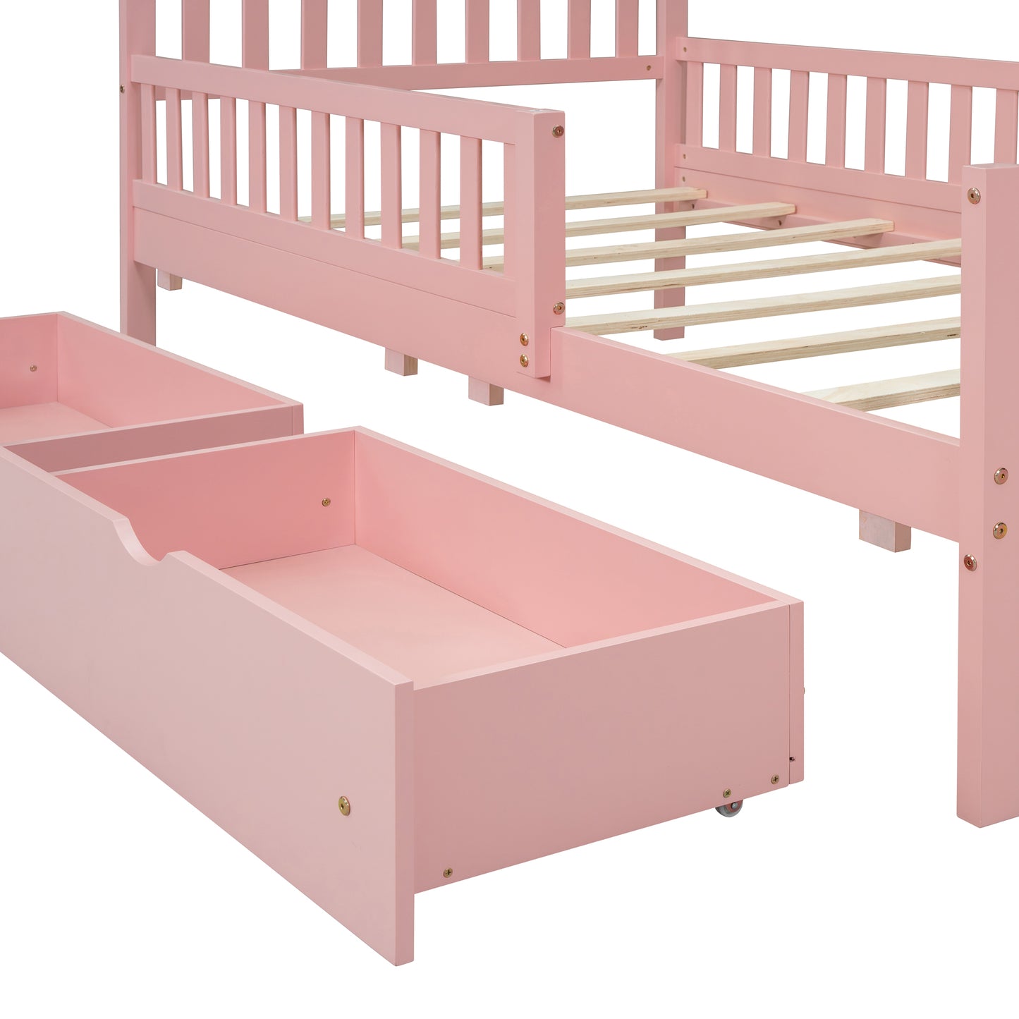 Twin Size Pink Wooden Platform Bed with Safety Guardrails and Dual Storage Drawers